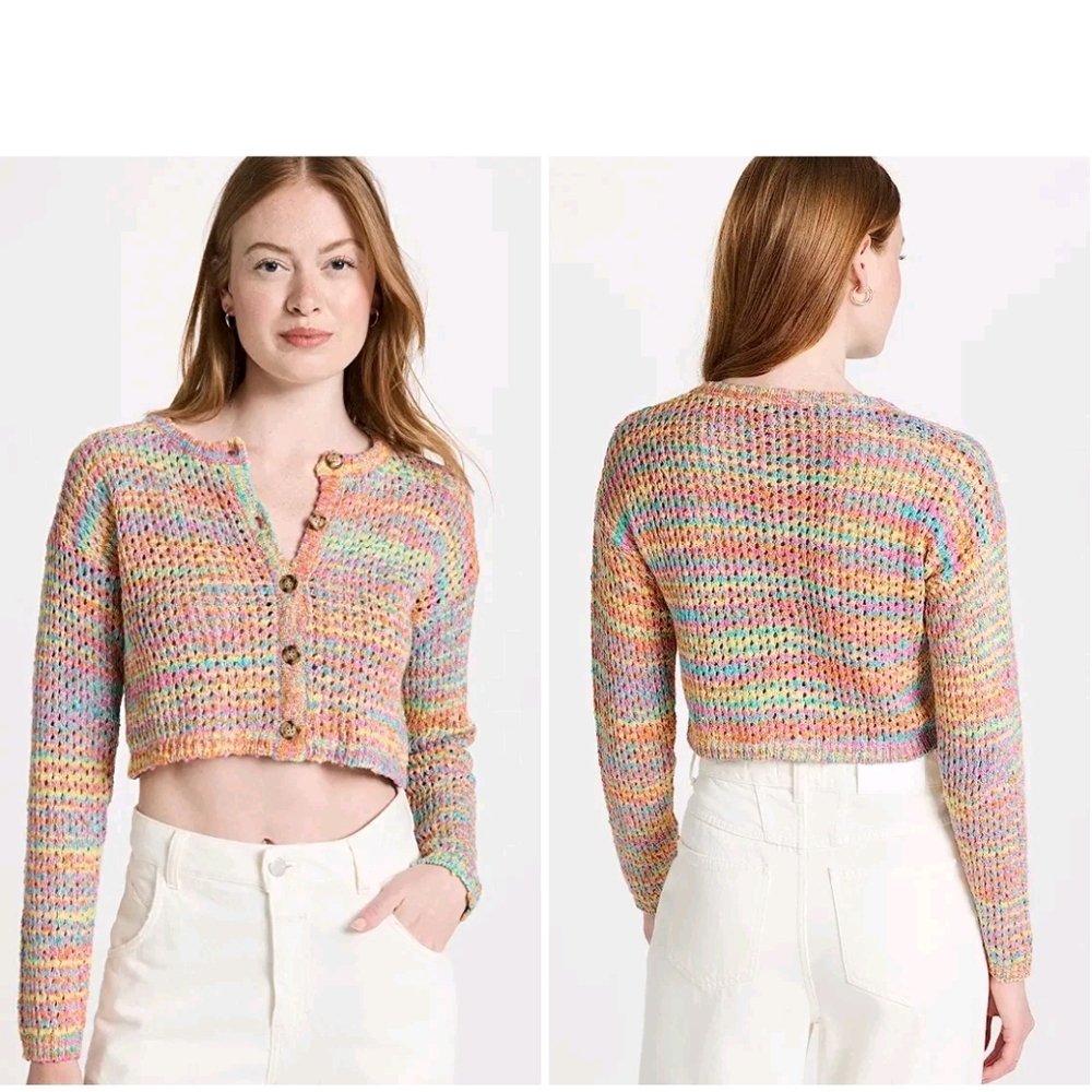 Something Navy Pastel Multicolor Cropped Cardigan‎ Pride Rainbow Size S NWT